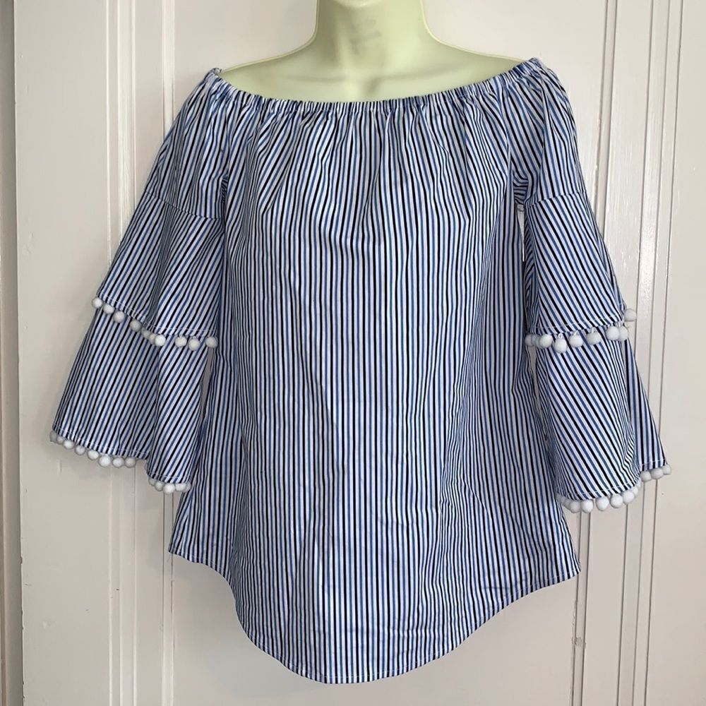 ‎NWT Belle Sky blue/white striped cotton blouse